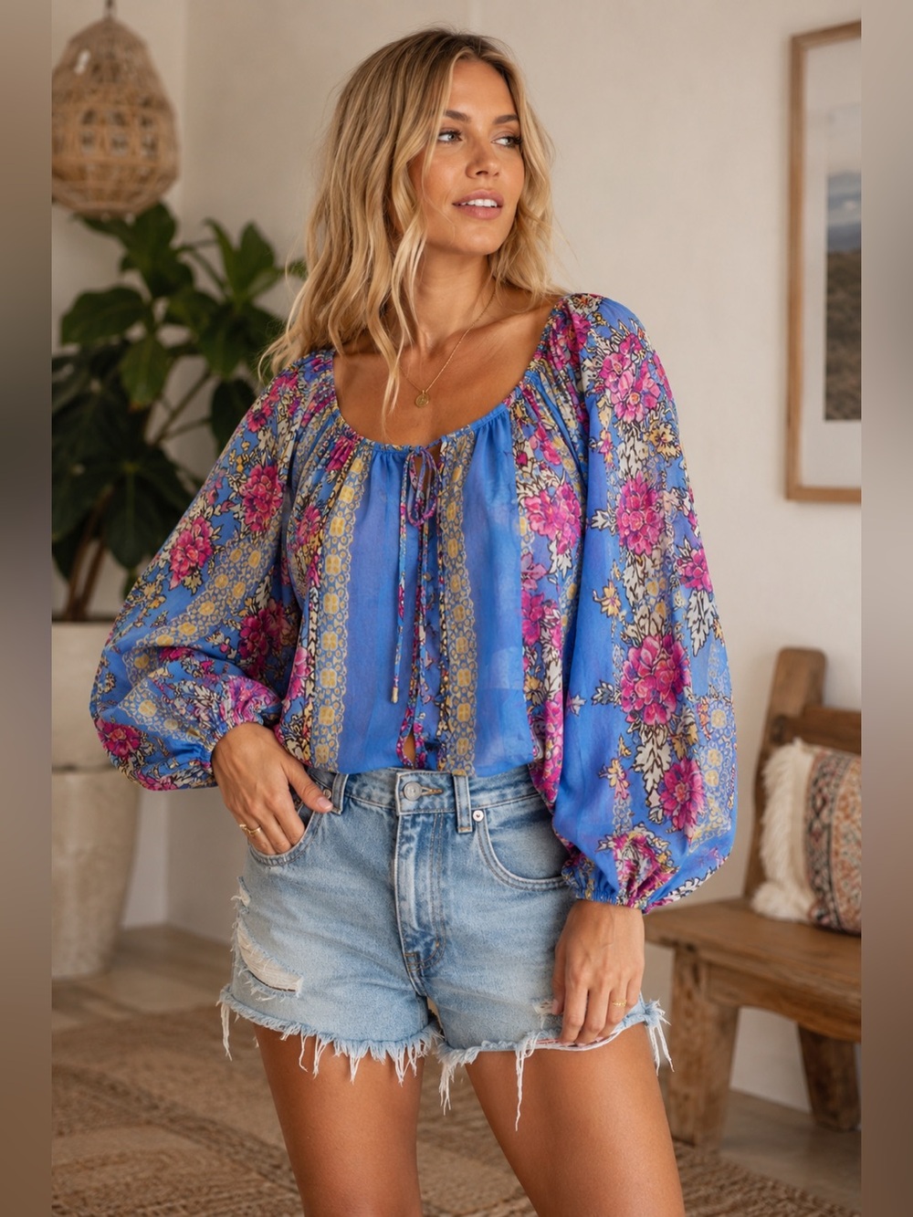 Free‎ People Elena Sapphire Combo Blue Floral Boho Peasant Balloon Sleeve Top